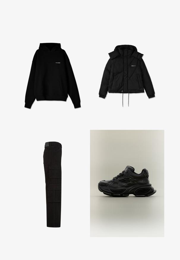 Schwarze isolierte Steppjacke mit hohem Kragen, Frontreißverschluss, Kordelzug am Saum und gepolstertem Design. Mit Logo auf der Brust und gerippten Bündchen.; Schwarzer Kapuzenpullover mit vorderer Kängurutasche und kleinem weißen "PEGADOR"-Logo auf der Brust, vor weißem Hintergrund präsentiert.; Schwarze Cargohose mit mehreren großen Überschlagtaschen, Gürtelschlaufen und geradem Beinanschnitt, seitlich dargestellt.; Schwarzer klobiger Sneaker mit strukturiertem Design, dicker Sohle und Schnürverschluss vor schlichtem neutralem Hintergrund.