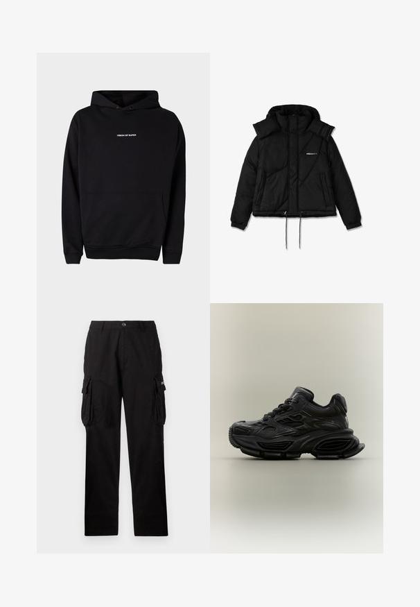 Schwarze isolierte Steppjacke mit hohem Kragen, Frontreißverschluss, Kordelzug am Saum und gepolstertem Design. Mit Logo auf der Brust und gerippten Bündchen.; Schwarzer Kapuzenpullover mit einer Vordertasche und weißem "VISION OF SUPER"-Text auf der Brust. Hergestellt aus weichem Stoff mit gerippten Bündchen.; Schwarze Cargo-Hose aus strapazierfähigem Material, mit lockerer Passform, Seitentaschen und Knopfverschluss. Glatte Textur mit leichtem Glanz.; Schwarzer klobiger Sneaker mit strukturiertem Design, dicker Sohle und Schnürverschluss vor schlichtem neutralem Hintergrund.