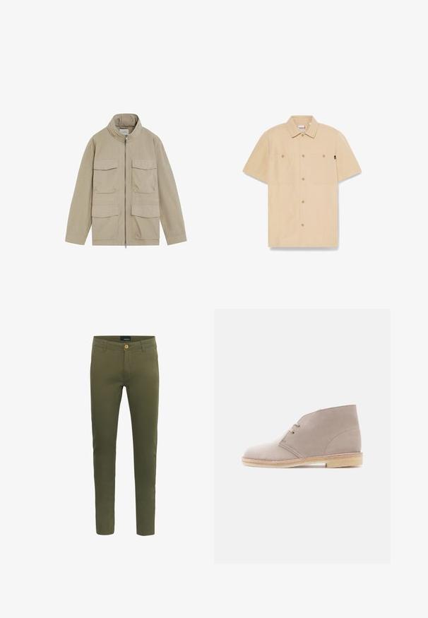 Chaqueta marrón claro con cuatro bolsillos delanteros con solapa y un cuello alto, con cierre central con cremallera.; Camisa beige de manga corta con botones, dos bolsillos en el pecho y cuello, etiqueta Timberland dentro del cuello y una pequeña etiqueta negra en el lateral.; Pantalones color verde oliva hechos de una suave mezcla de algodón, con cierre frontal de botón, presillas para cinturón y un diseño ajustado.; Bota corta de ante beige con cordones de dos ojetes, suela de crepé y tacón bajo apilado, vista lateral sobre un fondo liso.