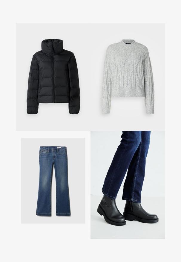 Sort polstret jakke med høj krave, hel frontlynlås, quiltet design og elastiske manchetter. Glat tekstur, letvægtsmateriale.; Vero Moda Tall VMBAILY HIGHNECK - Striktrøje - light grey melange; Blå denim flared jeans med fem lommer, kobbernitter, subtilt slid, og et klassisk taljebånddesign. Lige skåret kant forneden.; Sorte læder ankelstøvler med en kraftig sål og elastiske sider, parret med mørkeblå jeans. Gulvet er lysfarvet.