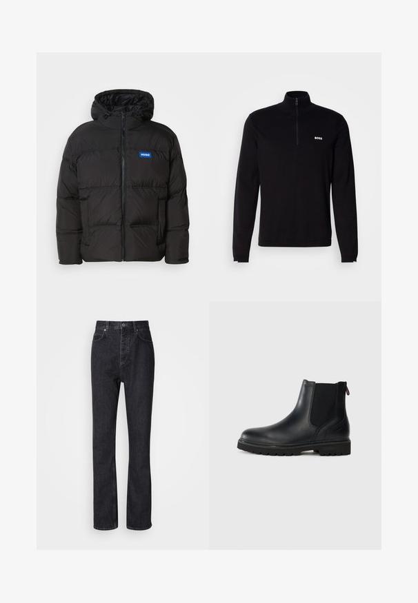 Doudoune noire avec une capuche, fermeture éclair à l'avant et deux poches latérales. Présente des panneaux cousus et un logo bleu "HUGO" sur la poitrine.; Pull-over noir à manches longues avec col à demi-fermeture éclair, présentant une texture côtelée et un logo blanc "BOSS" sur la poitrine. Finition en tissu doux.; Jean en denim noir taille haute avec fermeture à bouton et à glissière, poches avant et arrière, et coupe droite.; Bottine noire en cuir avec des panneaux latéraux en élastique, bout rond et semelle en caoutchouc robuste avec de profonds crampons pour une meilleure adhérence.