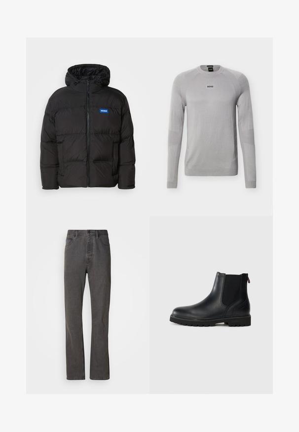 Schwarze Steppjacke mit Kapuze, Reißverschluss vorne und zwei seitlichen Taschen. Hat genähte Elemente und ein blaues "HUGO"-Logo auf der Brust.; Hellgrauer Pullover mit langen Ärmeln und Rundhalsausschnitt, mit subtilen strukturierten Details und schwarzem "BOSS"-Logo mittig auf der Brust.; Graue Denim-Jeans im geraden Schnitt, mit frontalen Taschen, einem Knopfverschluss und subtiler Textur.; Schwarze Leder-Stiefelette mit elastischen Seiteneinsätzen, runder Spitze und einer robusten Gummisohle mit tiefem Profil für optimalen Halt.