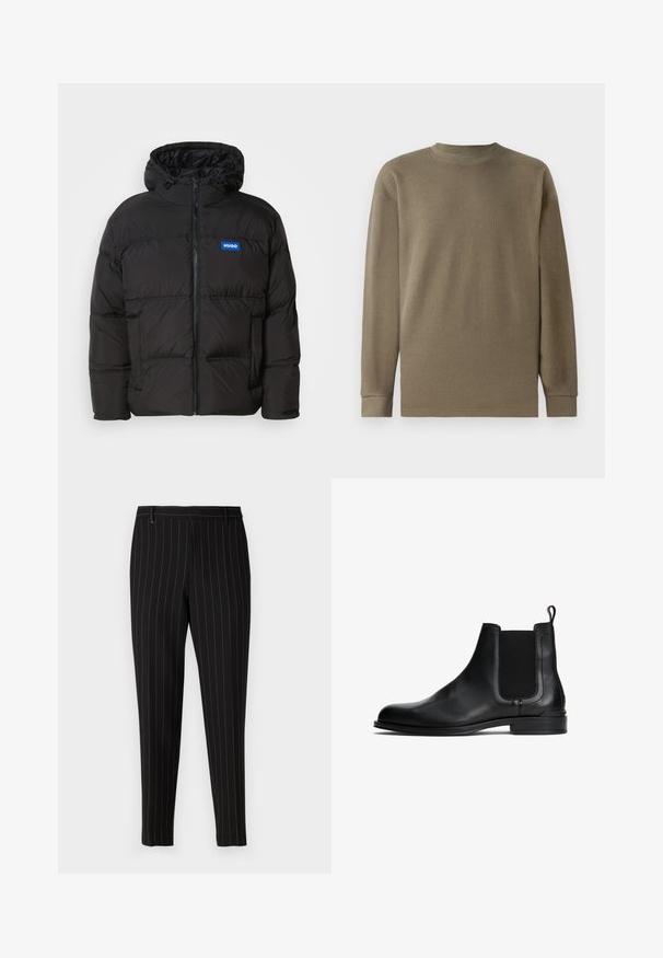 Schwarze Steppjacke mit Kapuze, Reißverschluss vorne und zwei seitlichen Taschen. Hat genähte Elemente und ein blaues "HUGO"-Logo auf der Brust.; Olivgrünes langärmliges Oberteil mit Textur, Rundhalsausschnitt und geripptem Stoff, mit geradem Saum und strukturierten Ärmeln.; Schwarze Hose mit feinen vertikalen Streifen, taillierte Passform, mit Fronttaschen und Gürtelschlaufen. Hergestellt aus einem glatten, strukturierten Stoff.; Schwarze Leder-Chelsea-Stiefel mit elastischen Seitenpaneelen, abgerundeter Zehenpartie, flacher Sohle und einer Zugschlaufe an der Rückseite für ein einfaches Anziehen. Glatte Textur.