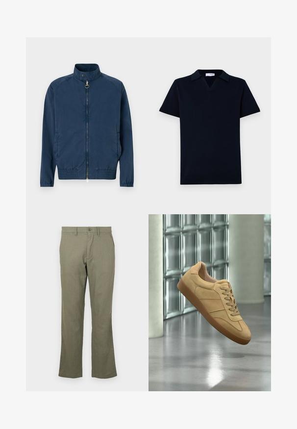 Navyblaue Bomberjacke mit hohem Kragen, Reißverschluss vorne, elastischen Bündchen und Saum. Hergestellt aus leichtem, strukturiertem Stoff.; Marineblaues gestricktes Poloshirt mit V-Ausschnitt, kurzen Ärmeln und flachem Kragen. Gerippter Saum und Bündchen mit glatter Textur.; Lässige olivgrüne Hose aus einem weichen Stoff. Mit geradem Beinschnitt, Fronttaschen und Knopfverschluss. Keine sichtbaren Muster.; Beiger Veloursleder-Sneaker mit Gummisohle, Schnürdesign, schwebt drinnen auf poliertem Betonboden nahe einer Glassteinwand.
