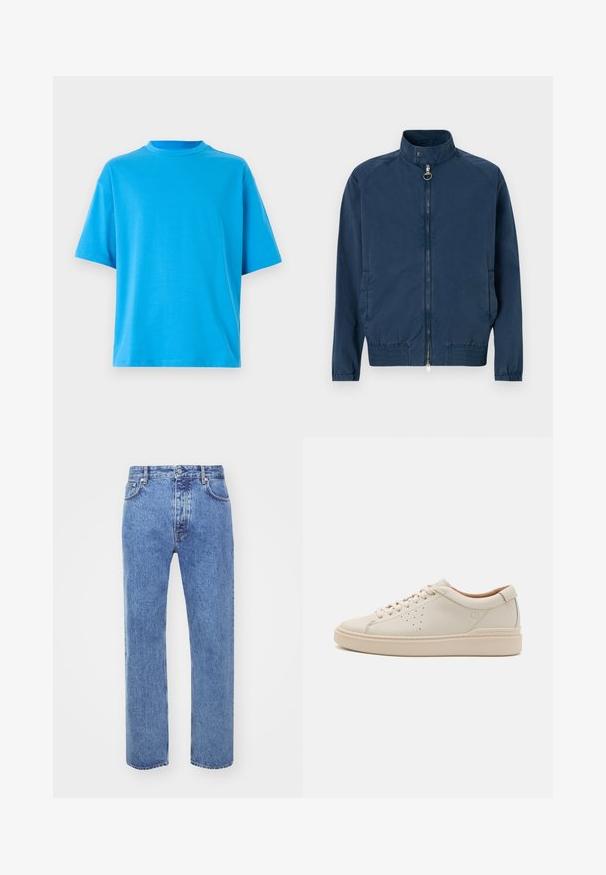 Tumed sinine bomber-jakk kõrge krae, tõmblukk ees, elastsed mansetid ja äär. Valmistatud kergest tekstuurist kangast.; Lühikeste varrukatega, vabalt rippuv helesinine t-särk puuvillast. Omab ümmargust kaelust ja sileda tekstuuri, ilma mustrite või aktsentideta.; Won Hundred STEVE - Avar lõikega teksad - cut blue; Bež nahk jalanõud ümmarguse varbaga, lamedate paeltega, perforatsioonidega külgedel ja paksu, tekstureeritud kummitaldiga. Naturaalne nahkvooder.