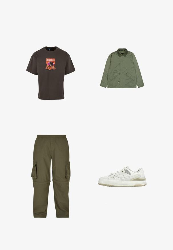 Grüne gepolsterte Jacke mit einem Cordkragen, drei Knöpfen vorne und zwei schrägen Klappentaschen mit Druckknopfverschlüssen.; Dunkelbraunes Baumwoll-T-Shirt mit einem Grafikdruck eines Autos und dem Wort "Markt" in lebhaften Farben, mit lockerer Passform und kurzen Ärmeln.; Olivgrüne Cargo-Hosen aus leichtem Material, mit mehreren Seitentaschen, einem elastischen Bund und einem geraden Schnitt.; Weißer Sneaker mit niedrigem Schaft, beiger Sohle, Schnürung vorne und gepolstertem Kragen, dargestellt auf schlichtem weißem Hintergrund.