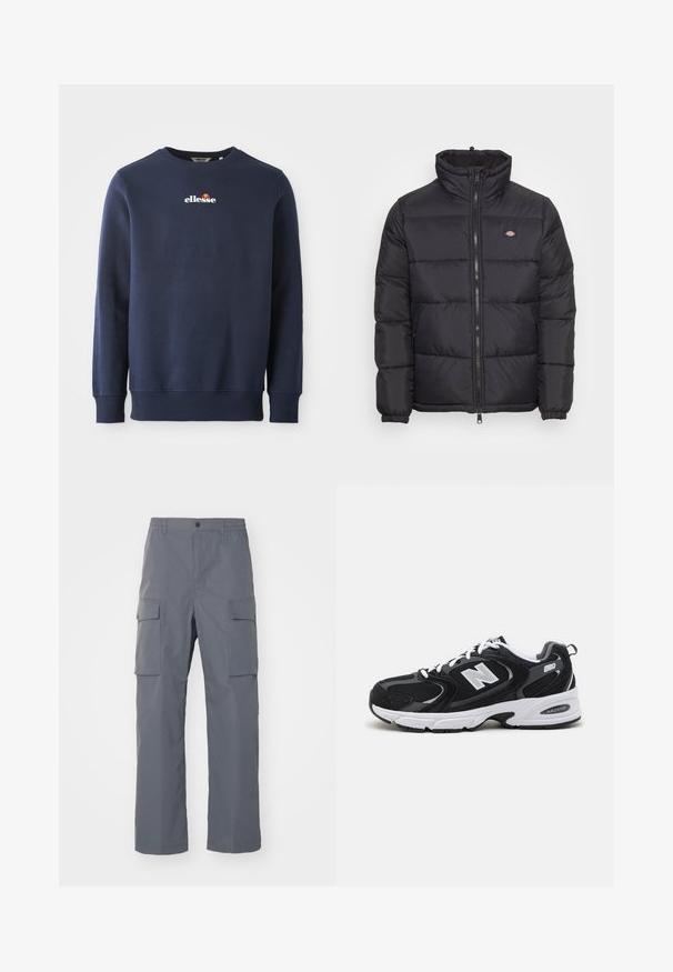 Schwarze Daunenjacke mit hohem Kragen, vorne mit Reißverschluss und elastischen Bündchen. Sie verfügt über gestickte Paneele und ein kleines Logo auf der oberen linken Brust.; Dunkelblaues Sweatshirt aus einem weichen Material, mit Rundhalsausschnitt und gerippten Bündchen. Gesticktes "ellesse"-Logo mit farbigen Akzenten.; Grau Cargo-Hosen aus strapazierfähigem Stoff. Zu den Merkmalen gehören ein elastischer Bund, zwei große Seitentaschen und ein gerader Schnitt.; Schwarze und graue Sportschuhe mit Obermaterial aus Mesh und Wildleder, ausgestattet mit einer weißen Zwischensohle, Schnürsenkeln und einem markanten "N"-Logo an der Seite.