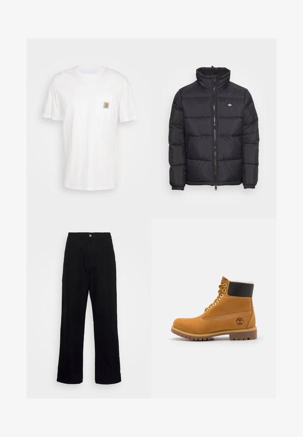 Chaqueta puffer negra con un cuello alto, cremallera frontal y puños elásticos. Presenta paneles cosidos y un pequeño logo en la parte superior del lado izquierdo del pecho.; Camiseta de algodón blanca con mangas cortas, un bolsillo en el pecho y un pequeño parche cuadrado de logo en naranja y blanco en el bolsillo.; Pantalones negros de tela pesada, con un diseño de pierna recta, bolsillos frontales, cierre de cremallera y un solo botón metálico.; Botín de cuero marrón con ojales de metal, forro de piel sintética blanca, cuello acolchado negro, suela resistente y logotipo en relieve en el costado.