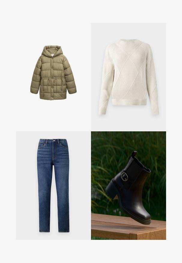 Oliven grøn polstret jakke med hætte, frontknapper, elastisk snoretræk i taljen og quiltede stikninger. Blød tekstur.; Cremefarvet strikket sweater med struktureret diamantmønster, rund halsudskæring, ribbede manchetter og kant. Blødt materiale og afslappet pasform.; Højtaljede blå denimjeans med lige ben, der har subtil slidmærkning, enkelt knaplukning og fem-lomme design.; Sort læderankelstøvle med lav hæl og sidespænde, der svæver over en træoverflade udendørs med grøn løv i baggrunden.