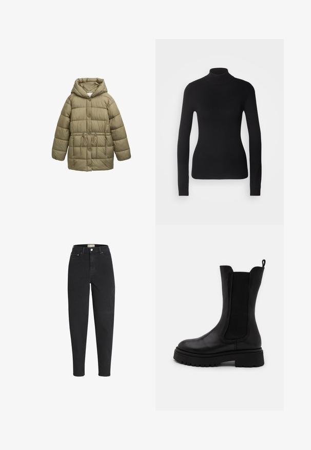 Oliven grøn polstret jakke med hætte, frontknapper, elastisk snoretræk i taljen og quiltede stikninger. Blød tekstur.; Sort turtleneck sweater lavet af let strikket stof. Har lange ærmer, et tætsiddende design og en blød ribbet tekstur.; Sorte højtaljede jeans med tapered ben, lukkes foran med knap og lynlås, for- og baglommer samt detaljer med metalnitter.; Sorte ankelhøje støvler i glat læder med elastiske sidepaneler. Tykk gummisål med mønster og en tekstiltrækstrop bagpå.