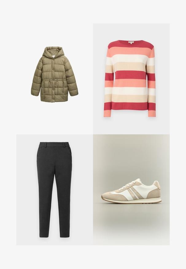 Oliven grøn polstret jakke med hætte, frontknapper, elastisk snoretræk i taljen og quiltede stikninger. Blød tekstur.; Stribet pullovertrøje i nuancer af rød, pink, beige og creme. Har lange ærmer og en rund halsudskæring med en blød, strikket struktur.; Mørkegrå slim-fit bukser med bæltestropper, sidelommer og en tapered ben-design på en ensfarvet lys baggrund.; Beige og hvid casual sneaker med hvide snørebånd, to beige sidelstriber og en flad gummisål på en neutral baggrund.