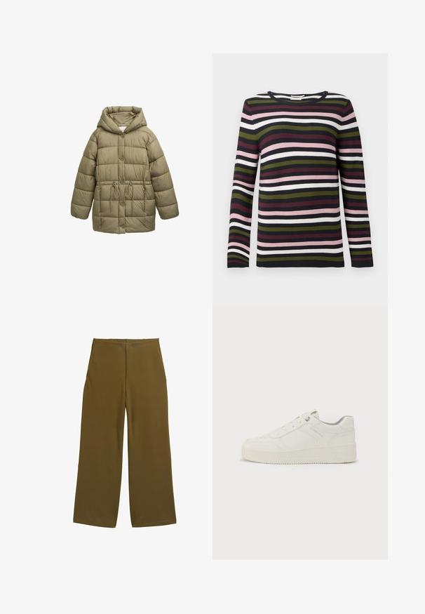 Oliven grøn polstret jakke med hætte, frontknapper, elastisk snoretræk i taljen og quiltede stikninger. Blød tekstur.; Stribet langærmet sweater i marineblå, burgundy, grøn, lyserød og hvid. Ribbet tekstur med rund halsudskæring og tætsiddende ærmer.; Bredde benbukser i olivengrønt stof, med en glat tekstur og ingen synlige lukninger. Designet til en afslappet pasform med rene linjer.; Hvide sneakers med en glat læderoverflade, rund tå, seks snørrehuller, polstret krave og struktureret gummisål. Diskret mærkelogo på siden.