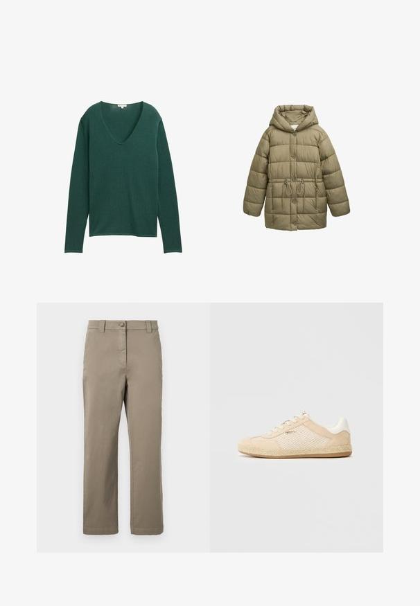 Chaqueta acolchada verde oliva con capucha, botones frontales, cordón elástico en la cintura y patrones de costura acolchada. Textura suave.; Suéter verde de manga larga con escote en V profundo, hecho de un tejido suave. Presenta un ajuste relajado y una textura sutil y suave.; Chinos de algodón caqui con diseño de pierna recta, presentan un botón frontal, bolsillos laterales y una textura suave. Sin patrones ni acentos visibles.; Zapatillas de ante beige con paneles de tejido blanco a rayas, suela de goma y acentos de yute trenzado. Cuenta con puntera redonda y diseño de cordones con seis ojales.