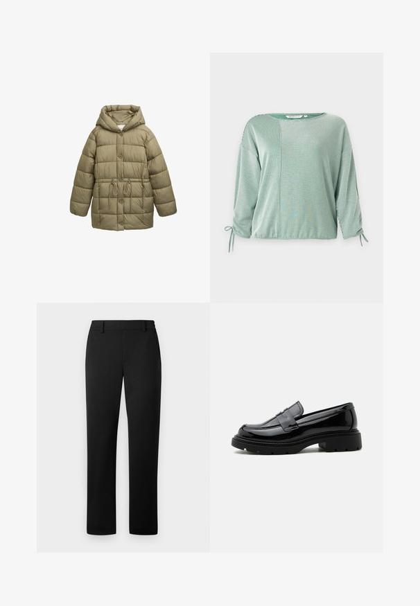 Veste rembourrée vert olive avec capuche, boutons sur le devant, cordon élastique à la taille et motifs de piqûres matelassées. Texture douce.; Haut vert rayé à manches trois-quarts, présentant une coupe ample, des accents noués aux manches et un design de panneaux contrastants. Texture de tissu douce.; Pantalon noir avec une coupe droite, fabriqué dans un tissu lisse, doté d'une taille ajustée et de poches avant.; Mocassin en cuir noir brillant avec semelle épaisse à crampons et bride penny, présenté en profil latéral sur fond blanc uni.