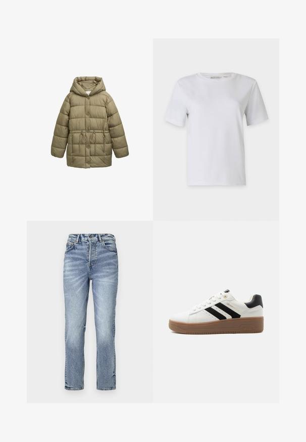 Chaqueta acolchada verde oliva con capucha, botones frontales, cordón elástico en la cintura y patrones de costura acolchada. Textura suave.; Camiseta blanca de manga corta hecha de algodón suave. Presenta un cuello redondo y dobladillo recto, sin patrones ni adornos.; Jeans de mezclilla azul claro con ajuste recto, cintura alta, textura desgastada y cinco bolsillos. Presenta cierre de botón metálico y cremallera.; Zapatilla blanca de corte bajo con rayas negras, suela de goma marrón, cierre de cordones y cuello acolchado negro en el talón.