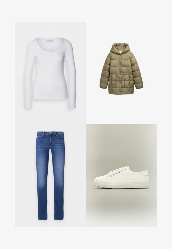 Veste rembourrée vert olive avec capuche, boutons sur le devant, cordon élastique à la taille et motifs de piqûres matelassées. Texture douce.; Haut à manches longues blanc avec un décolleté en scoop, texture côtelée et trois accents de boutons argentés sur le plastron avant.; Jean en denim bleu avec une coupe droite, poches avant et fermeture à bouton et fermeture éclair classique. Légèrement texturé avec des accents de couture.; Baskets basses blanches avec lacets blancs et semelle en caoutchouc, vues de côté sur un fond neutre.