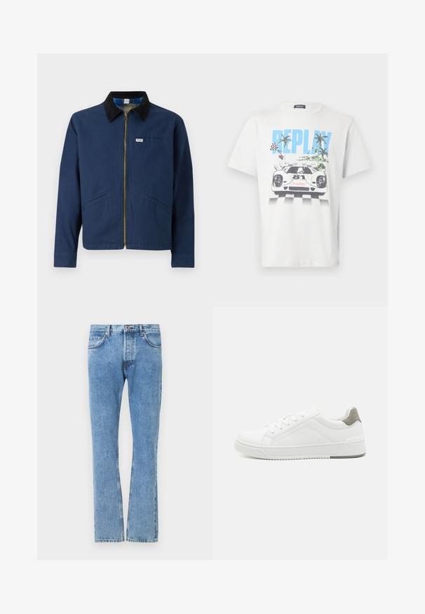 Marineblaue Jacke mit einem Cordkragen, vorderem Reißverschluss, zwei seitlichen Taschen und einem kleinen Markenetikett auf der Brust. Textur aus Baumwollstoff.; Weißes Baumwoll-T-Shirt mit einem bunten Motiv eines Rennwagens, Palmen und Schachbrett-Flaggen, mit dem Schriftzug "REPLAY" gut sichtbar.; Hellblaue Jeans aus Denim mit geradem Bein, fünf Taschen und kontrastierenden Nähten. Standardbund mit Knopfverschluss.; Weißer Sneaker aus glattem Leder, runde Zehenpartie, minimalistisches Design, graue Fersenkante und strukturierte Gummisohle.