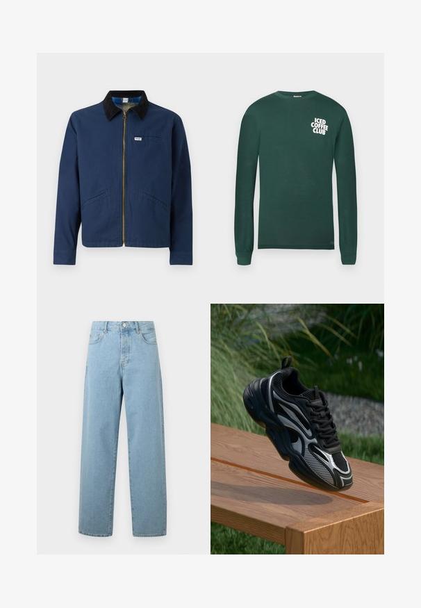 Marineblå jakke med fløjlskrave, frontlynlås, to sidelommer og et lille mærke på brystet. Bomuldsstofstruktur.; Langærmet, mørkegrøn T-shirt lavet af bomuld med en hvid "ICED COFFEE CLUB" grafisk motiv på venstre bryst.; Lyseblå vide jeans lavet af denim, med frontknaplukning, traditionelt fem-lommer design og en afslappet pasform.; Sort og grå atletisk sneaker med mesh og reflekterende detaljer, balanceret på kanten af en træbænk udendørs.