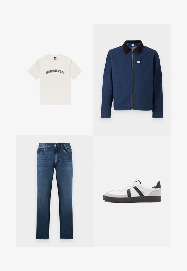 Marineblaue Jacke mit einem Cordkragen, vorderem Reißverschluss, zwei seitlichen Taschen und einem kleinen Markenetikett auf der Brust. Textur aus Baumwollstoff.; Cremfarbendes Baumwoll-T-Shirt mit kurzen Ärmeln und rundem Halsausschnitt. Mit dem „QUIKSILVER“-Logo in Schwarz, das über die Brust gedruckt ist.; Dunkelblaue Jeans mit geradem Bein, vorn mit Knopf- und Reißverschluss, Front- und Gesäßtaschen, auf weißem Hintergrund dargestellt.; Weiße Sneaker mit schwarz- und grau-aczenten, ausgestattet mit einer strukturierten grauen Zehenkappe, schwarzer Gummi-Sohle und flachen weißen Schnürsenkeln. Sauberes Design, minimalistische Stil.
