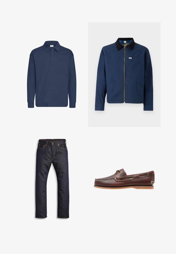 Veste bleu marine avec un col en velours côtelé, fermeture éclair à l'avant, deux poches latérales et une petite étiquette de marque sur la poitrine. Texture en coton.; Polo à manches longues bleu marine avec un col pointu, de couleur unie et une texture subtile. Doté d'une patte de boutonnage à trois boutons au niveau du col.; Jean en denim bleu foncé avec coupe droite, design à cinq poches, matériel en métal et surpiqûres orange contrastantes. Texture lisse, sans motifs visibles.; Chaussure bateau en cuir marron avec coutures blanches, détails de lacets et semelle en caoutchouc beige, vue de côté sur fond blanc.