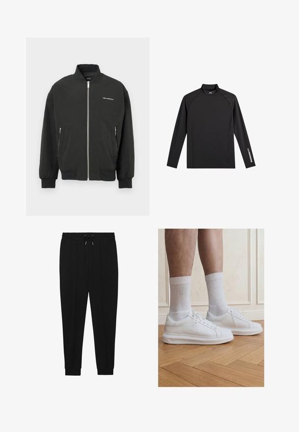 Chaqueta bomber negra con cremallera frontal, dos bolsillos laterales, puños y dobladillo acanalados, con la marca blanca "KARL LAGERFELD" en el pecho.; Camiseta negra deportiva de manga larga con cuello alto falso, corte ajustado y logo blanco "J.Lindeberg" en la manga izquierda y el cuello.; Pantalones deportivos negros con cintura ajustable, piernas ajustadas y puños acanalados. Hechos de una tela suave con una textura lisa.; Piernas con calcetines blancos acanalados y zapatillas blancas Karl Lagerfeld, de pie sobre un suelo de parquet de madera clara.