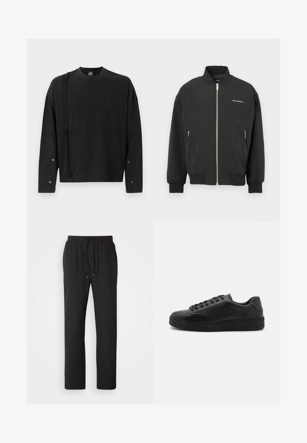 Čierna bomber bunda so zipsom na prednej strane, dvoma bočnými vreckami, rebrovanými manžetami a lemom, s bielym nápisom "KARL LAGERFELD" na hrudi.; Čierny sweatshirt s dlhým rukávom a okrúhlym výstrihom, s jemným logom na prednej strane a patentkami na rukávoch, vyrobený z mäkkej tkaniny.; Čierne jogger nohavice vyrobené z ľahkej tkaniny, s elastickým pásom a nastaviteľnými šnúrkami a bočnými vreckami. Hladká textúra.; Čierne kožené tenisky s okrúhlou špičkou, plochou podrážkou a tradičným šnurovaním. Majú hladkú textúru a decentné detaily na bočných paneloch.