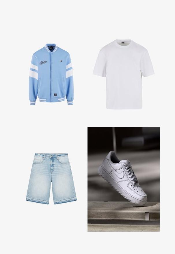 Veste varsity bleu clair avec des accents rayés blancs, boutons pression, poignets côtelés et logo brodé sur la poitrine. Texture de tissu douce.; T-shirt blanc à manches courtes en coton. Il présente un col rond et une coupe décontractée. Texture lisse, design minimaliste, sans motifs ni accents.; Short en denim bleu clair avec taille haute, bouton devant, fermeture éclair, poches devant et derrière, et ourlets effilochés.; La basket Nike Air Force 1 en cuir blanc présente un embout perforé, des lacets plats et une semelle en caoutchouc texturée avec le logo « AIR » sur le côté.