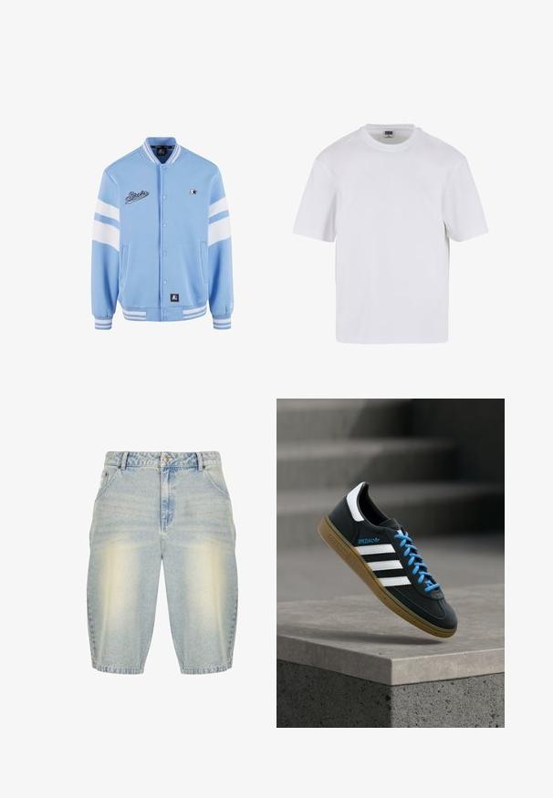 Lyseblå varsity-jakke med hvide stribede detaljer, trykknapper, ribbet manchetter og broderet branding på brystet. Blød stoftekstur.; Hvid kortærmet t-shirt lavet af bomuld. Har en rund halsudskæring og en afslappet pasform. Glat tekstur, minimalistisk design, ingen mønstre eller accenter.; Lysblå denimshorts med en falmet vask, der har et klassisk fem-lommer design, bæltestropper og en lige pasform.; Sort Adidas sneaker med hvide striber, blå snørebånd og gummisål, der svæver over gråt betontrin i blødt lys.