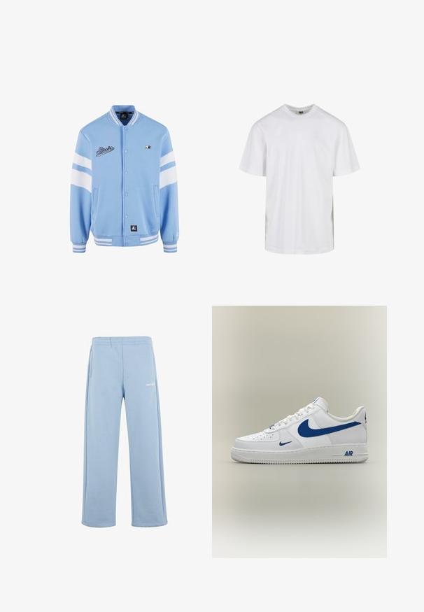 Lyseblå varsity-jakke med hvide stribede detaljer, trykknapper, ribbet manchetter og broderet branding på brystet. Blød stoftekstur.; Plain hvid T-shirt med korte ærmer og rund hals med løs pasform, vist mod en hvid baggrund.; Lyseblå sweatpants fremstillet af en bomuldsblanding, med elastisk talje, sidelommer og et hvidt logo på venstre lår.; Hvid Nike Air Force 1 sneaker med blå swoosh-logoer og "AIR" tekst på sålen, vist fra siden på en neutral baggrund.
