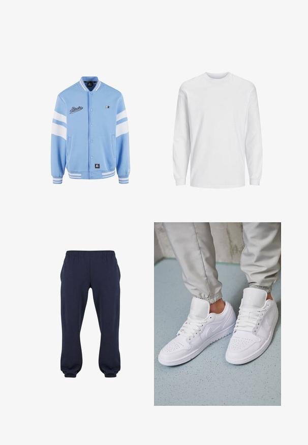 Veste varsity bleu clair avec des accents rayés blancs, boutons pression, poignets côtelés et logo brodé sur la poitrine. Texture de tissu douce.; T-shirt blanc à manches longues en coton. Présente un col rond et un design uni sans motifs ni accents. Texture douce et lisse.; Pantalons de survêtement bleu marine avec une taille élastique et des manches resserrées, fabriqués en tissu doux, sans motifs ni accessoires visibles.; Des baskets en cuir blanc présentent une zone de perforation à l'avant, des lacets plats, un col rembourré et le logo Jordan sur la languette. Portées avec un pantalon de jogging gris.