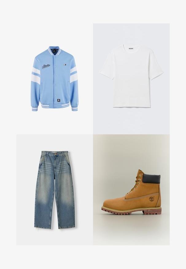 Veste varsity bleu clair avec des accents rayés blancs, boutons pression, poignets côtelés et logo brodé sur la poitrine. Texture de tissu douce.; T-shirt blanc uni à manches courtes et col rond, avec une petite étiquette "WEEKDAY" à l'intérieur du col arrière, présenté à plat.; Jean large en denim bleu clair avec une finition délavée, design à cinq poches et ourlet brut. Il dispose d'une fermeture à bouton et zipper à l'avant.; Bottine en cuir marron avec col noir, lacets jaunes et semelle beige. Présente un logo et des détails de couture blanche. Semelle extérieure à traction robuste.