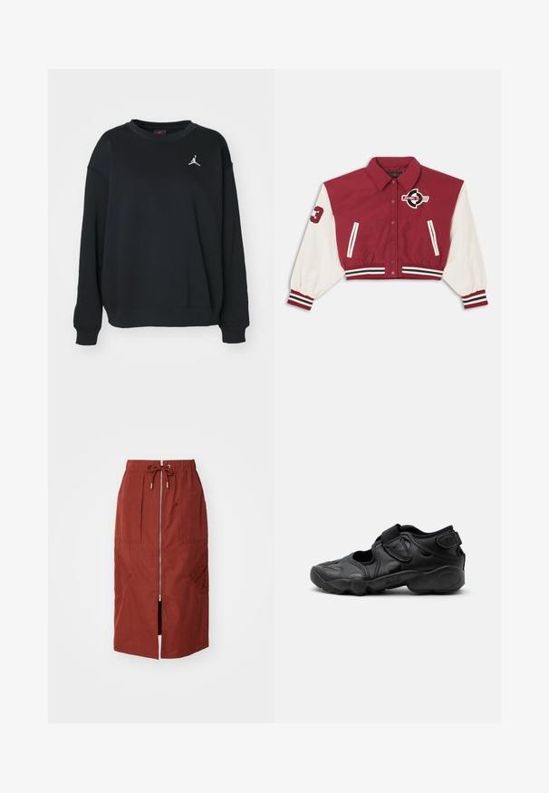 Rote und weiße, kurze Collegejacke mit vorderen Druckknöpfen, gestreiften Bündchen und Saum, Seitentaschen und einem "Jordan"-Logo auf der Brust und dem Ärmel.; Schwarzer Pullover aus Baumwolle, mit rundem Ausschnitt, langen Ärmeln, gerippten Bündchen und Saum, versehen mit einem weißen Jumpman-Logo auf der Brust.; Midikleid in terrakottarot, mit einem Frontreißverschluss, elastischem Bund mit Kordelzug und seitlichen Taschen mit geometrischem Design.; Schwarze sportliche Sandale mit geschlossenem Zehenbereich, Klettverschlüssen am Mittelfuß und an der Ferse sowie einer dicken gepolsterten Sohle mit der Aufschrift „AIR“ an der Seite.