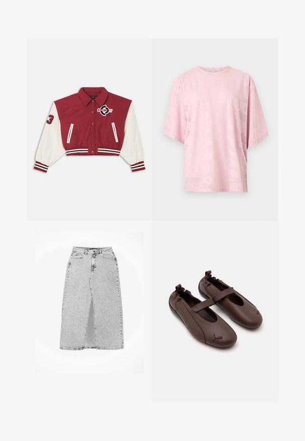 Chaqueta universitaria recortada en rojo y blanco con botones de presión en el frente, puños y dobladillo a rayas, bolsillos laterales y un logo de "Jordan" en el pecho y la manga.; Camiseta de manga corta y cuello redondo en rosa claro con un sutil patrón de texto en relieve por toda la prenda y un pequeño logo elevado en el centro del pecho.; Falda de mezclilla gris con una abertura frontal, tiro alto, cinco bolsillos y detalles de costura. Dobladillo recto con un leve desgaste. Diseño clásico.; Zapatos de piel marrón estilo Mary Jane con parte trasera elástica, una correa sobre el empeine y el logo de Puma en las punteras redondeadas.
