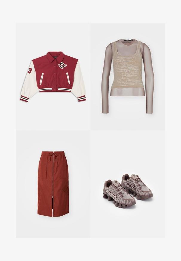 Rote und weiße, kurze Collegejacke mit vorderen Druckknöpfen, gestreiften Bündchen und Saum, Seitentaschen und einem "Jordan"-Logo auf der Brust und dem Ärmel.; Beige ärmelloses Top kombiniert mit langen Mesh-Ärmeln; verfügt über einen weißen Schriftzug auf der Vorderseite, einen runden Ausschnitt und eine taillierte Silhouette.; Midikleid in terrakottarot, mit einem Frontreißverschluss, elastischem Bund mit Kordelzug und seitlichen Taschen mit geometrischem Design.; Nike Sportswear SHOX TL - Sneaker low - pumice/night maroon/plum eclipse