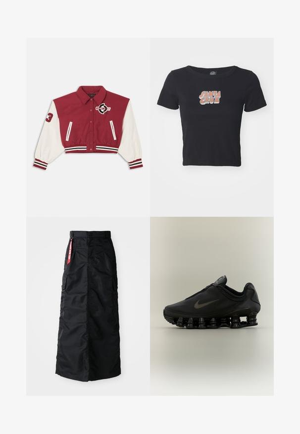 Rood-witte cropped varsityjas met drukknoopsluiting aan de voorkant, gestreepte manchetten en zoom, steekzakken aan de zijkant en een "Jordan"-logo op de borst en mouw.; Zwarte cropped t-shirt van katoen, met een kleurrafische "SANTA CRUZ" graphic op de voorkant. Korte mouwen en een ronde hals.; Zwarte lange rok met een voorkant met knopen en rits, zij cargo zakken en een rode 'Remove Before Flight' stoffen label op de tailleband.; Zwarte Nike-sneaker met een bovendeel met ritssluiting en een kenmerkende veerachtige, gesegmenteerde zool, weergegeven in zijaanzicht op een neutrale achtergrond.