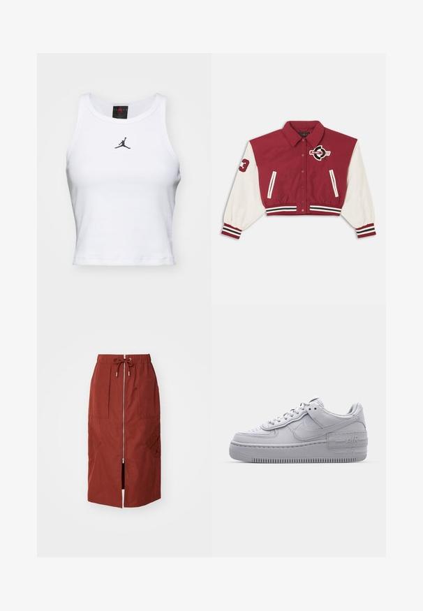 Rote und weiße, kurze Collegejacke mit vorderen Druckknöpfen, gestreiften Bündchen und Saum, Seitentaschen und einem "Jordan"-Logo auf der Brust und dem Ärmel.; Weißes Crop-Top aus Baumwolle mit geripptem Struktur. Verfügt über ein schwarzes Jordan-Logo in der Mitte und einen klassischen Rundhalsausschnitt.; Midikleid in terrakottarot, mit einem Frontreißverschluss, elastischem Bund mit Kordelzug und seitlichen Taschen mit geometrischem Design.; Graue Nike Air Force 1 Sneaker mit perforierter Zehenpartie, Obermaterial aus glattem Leder, dicker Sohle und geprägtem 'AIR'-Detail an der Ferse.