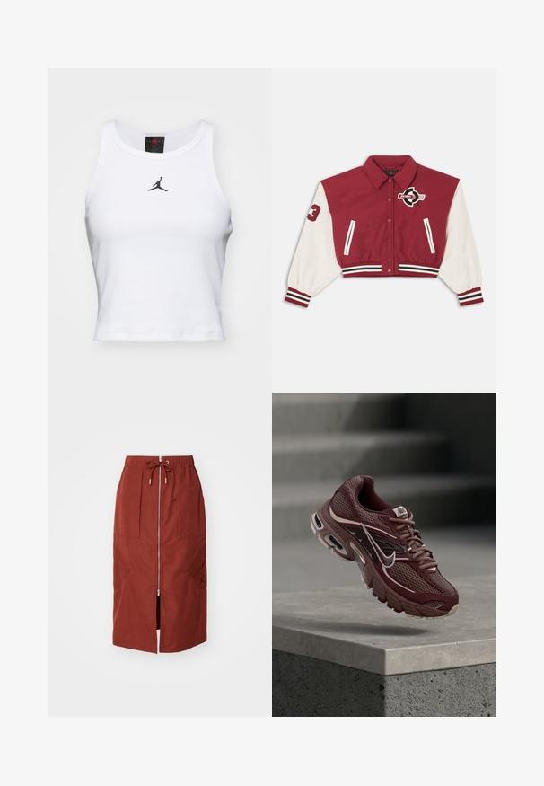 Chaqueta universitaria recortada en rojo y blanco con botones de presión en el frente, puños y dobladillo a rayas, bolsillos laterales y un logo de "Jordan" en el pecho y la manga.; Top corto blanco de algodón con textura acanalada. Cuenta con un logo negro de Jordan en el centro y un clásico escote redondo.; Falda de longitud media en rojo terracota, con cremallera frontal, cinturilla elástica con cordón ajustable y bolsillos laterales con un diseño geométrico.; Zapatilla de correr Nike color granate con tejido de malla, cuello acolchado, suela gruesa y detalles en blanco. El diseño presenta una puntera redondeada y cordones prominentes.