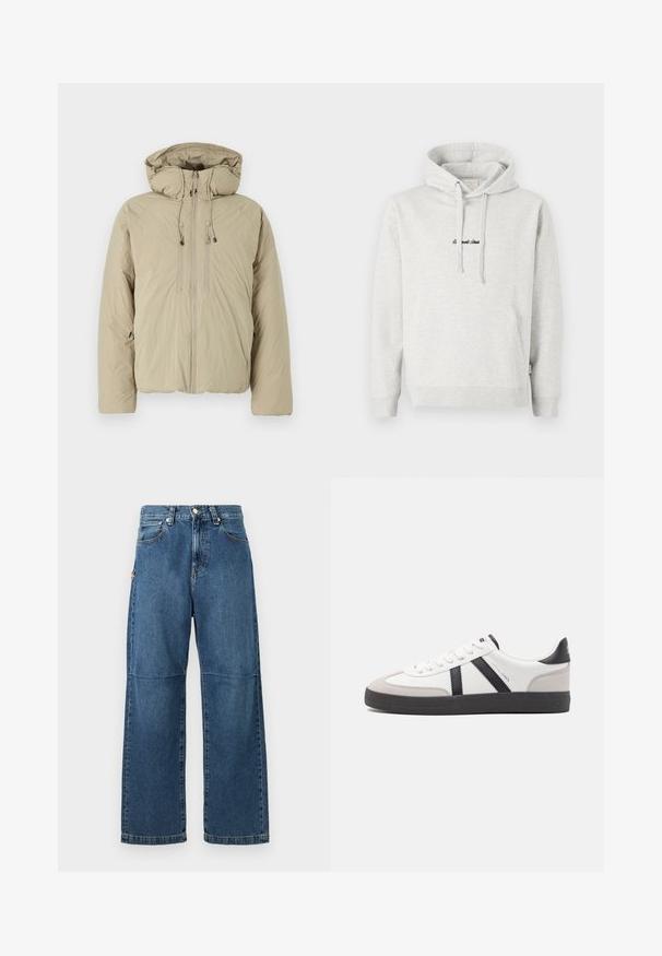 Beige puffer jakk, millel on kapuuts, ees lukuga, elastsete tõmblukkude ja küljetaskutega. Valmistatud kerge tekstuuriga kangast.; Heledast hall sweatshirt, millel on kängurupocket, kõikuma cape ja musta värvi tikandiga tekst ees. Puuvillase segu kangas, ribaga soonikuid.; Sinised teksapüksid, millel on mugav lõige, sirged sääred, nähtavad õmblused ja ees nupuga sulgemine. Omab küljetaskut, millel on aktsent.; Valged tossud mustade ja hallide aktsentidega, tekstureeritud halli varbakattega, musta kummitald ja lamedad valged paelad. Puhtad jooned, minimalistlik stiil.