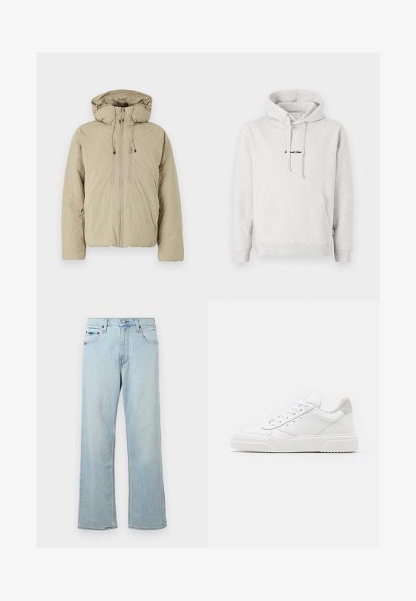 Beige puffer jakk, millel on kapuuts, ees lukuga, elastsete tõmblukkude ja küljetaskutega. Valmistatud kerge tekstuuriga kangast.; Heledast hall sweatshirt, millel on kängurupocket, kõikuma cape ja musta värvi tikandiga tekst ees. Puuvillase segu kangas, ribaga soonikuid.; Hele sinine denim teksad, millel on lahtine ja lai jalg. Omab viit taskut, vöökohti ja lukuga pihakuulidega.; Valged nahast spordijalatsid siledast nahast viimistlusega, ümarate varvastega, lamekestega ja tekstuuriga tallaga. Hall suede aktsent kanna juures.
