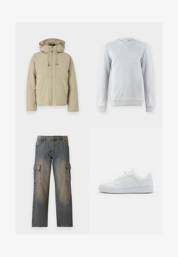 Beige pufferjakke med hætte, udstyret med en frontlynlås, elastiske snore og sidelommer. Konstrueret af letvægts, struktureret stof.; Lys grå sweatshirt, blanding af bomuld, rund hals, ribbet detaljer ved krave og manchetter, har broderet tekst "SAN BERNARD CALIF." foran.; Denim cargo bukser med en falmet blå farve, løs pasform, to store sidelommer, quiltede sømme og et klassisk taljebånddesign.; Hvide sneakers lavet af glat syntetisk materiale, med flade snørebånd, perforeret tå og en gummisål med et tekstureret grebmønster.