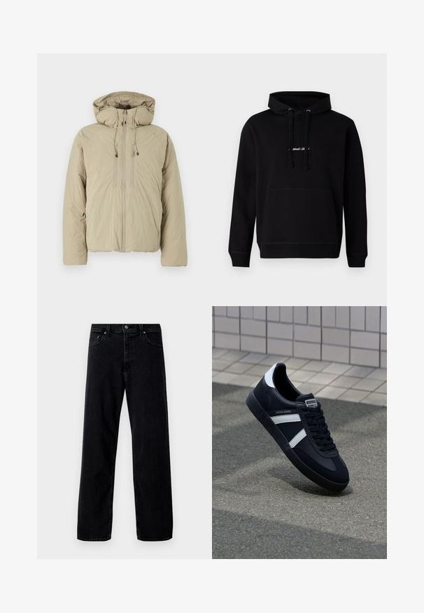 Beige donsjack met een capuchon, voorzien van een voorrits, elastische trekkoorden en zijzakken. Gemaakt van lichtgewicht, gestructureerde stof.; Zwarte hoodie van katoen met een voorzak, trekkoord capuchon en een klein geborduurd logo op de borst. Klassieke pasvorm met geribde boorden.; Hollister Co. Baggy jeans - washed black; Zwarte leren sneaker met witte strepen, een gestructureerde rubberen zool en vetersluiting aan de voorkant. Voorzien van een merklabel op de tong.