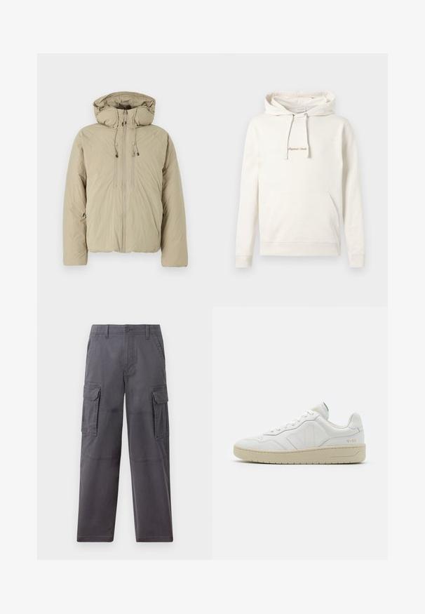 Beige donsjack met een capuchon, voorzien van een voorrits, elastische trekkoorden en zijzakken. Gemaakt van lichtgewicht, gestructureerde stof.; Beige hoodie gemaakt van katoen, met een kangoeroezak, een capuchon met trekkoord en geborduurde "Originals" tekst op de borst.; Hollister Co. SKATER BAGGY - Cargobroek - grey; Witte leren sneakers met een gestructureerde afwerking en een gevoerde kraag. Voorzien van een beige rubberen zool en subtiele branding op de hiel en zijkant.