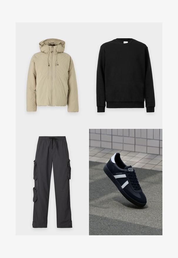 Beige donsjack met een capuchon, voorzien van een voorrits, elastische trekkoorden en zijzakken. Gemaakt van lichtgewicht, gestructureerde stof.; Zwarte sweatshirt gemaakt van een katoenen mixstof; heeft een ronde hals, lange mouwen en ribgebreide manchetten en zoom voor een snug fit.; Zwarte cargo broek gemaakt van lichtgewicht stof met een elastische tailleband, verstelbare trekkoord, meerdere zijzakken en omgeslagen broekspijpen.; Zwarte leren sneaker met witte strepen, een gestructureerde rubberen zool en vetersluiting aan de voorkant. Voorzien van een merklabel op de tong.
