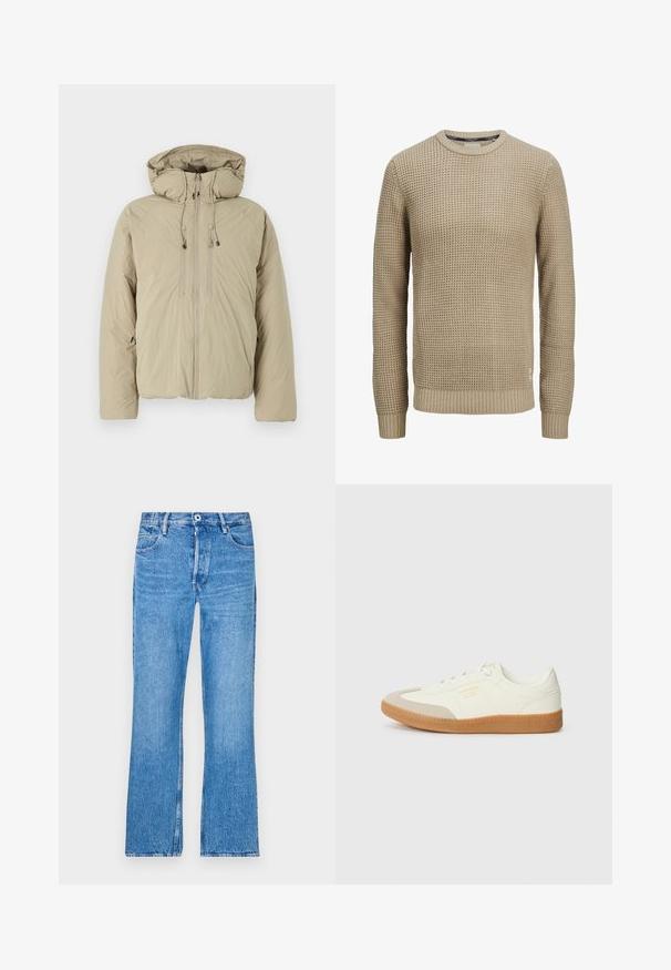 Beige donsjack met een capuchon, voorzien van een voorrits, elastische trekkoorden en zijzakken. Gemaakt van lichtgewicht, gestructureerde stof.; Beige gebreide trui met lange mouwen en een textuur van wafelpatroon, ronde halslijn en geribbelde manchetten en zoom.; Blauwe, recht gesneden jeans van denim met een vervaagde wassing. Voorzien van een knoopsluiting, riemlussen en een standaard vijf-pocket ontwerp.; Schoen gemaakt van wit leer met een beige teenkap en een lichtbruine rubberen zool. Voorzien van platte witte veters en reliëfbranding aan de zijkant.