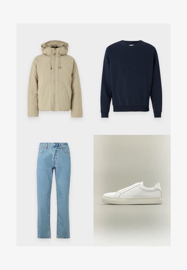 Beige donsjack met een capuchon, voorzien van een voorrits, elastische trekkoorden en zijzakken. Gemaakt van lichtgewicht, gestructureerde stof.; Marineblauwe katoenen sweatshirt met ronde hals, lange mouwen en geribbelde manchetten en zoom. Gladde textuur, minimalistisch design, geen zichtbare logo's.; Lichtblauwe denim jeans met een rechte pijp, voorzien van oranje stiksel, een knoopsluiting en een klassieke vijf-pocketontwerp.; Witte lage sneaker met veters aan de voorkant en dikke zool, zijaanzicht tegen een neutrale achtergrond.
