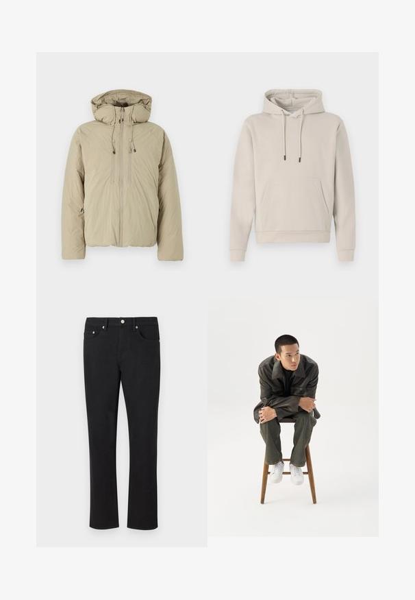Beige donsjack met een capuchon, voorzien van een voorrits, elastische trekkoorden en zijzakken. Gemaakt van lichtgewicht, gestructureerde stof.; Hoodie in lichtbeige, met een voorzak, trekkoorden en geribbelde manchetten. Gemaakt van zacht, glad materiaal met een losse pasvorm.; Zwarte denim jeans met een recht model, voorzien van vijf zakken en zilveren hardware met een gladde textuur. Geen patronen of accenten.; Jonge man in een donkere leren jas en spijkerbroek zit op een houten kruk, leunt naar voren met gekruiste armen en kijkt naar de zijkant tegen een witte achtergrond.