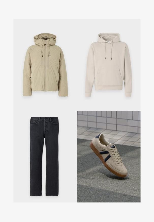Beige Steppjacke mit Kapuze, ausgestattet mit einem Frontreißverschluss, elastischen Kordeln und Seitentaschen. Hergestellt aus leichtem, strukturiertem Stoff.; Kapuzensweatshirt in hellbeige, mit einer Fronttasche, Kordelzügen und gerippten Bündchen. Aus weichem, glattem Stoff gefertigt mit einer lockeren Passform.; Schwarze Denim-Jeans mit geradem Bein, fünf Taschen, Gürtelschlaufen und minimalen Nähten. Hergestellt aus weichem, strukturiertem Baumwollstoff.; Beige Sneaker mit strukturierter Oberfläche, dunkelblauen Streifen und Gummisohle. Verfügt über eine gepolsterte Zunge und ein traditionelles Schnürsystem für einen sicheren Sitz.