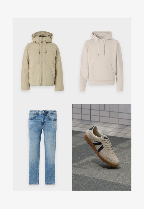 Beige puffer-takki hupulla, jossa on etuvetoketju, joustavat kiristysnyörit ja sivutaskut. Valmistettu kevyestä, teksturoituneesta kankaasta.; Huppari vaaleassa beigeessä, jossa on etutasku, nyörit ja ribattu hihansuu. Valmistettu pehmeästä ja sileästä kankaasta, jossa on rento leikkaus.; Vaaleansiniset farkut, joissa on suoralahkeinen muotoilu, viisi taskua, hienovaraisia ompelupistoja ja haalistunut viimeistely.; Beige lenkkarit tekstuuripinnalla, tummansinisin raidoilla ja kumipohjalla. Varustettu pehmustetulla kielellä ja perinteisellä nauhoitussysteemillä turvallisen istuvuuden takaamiseksi.
