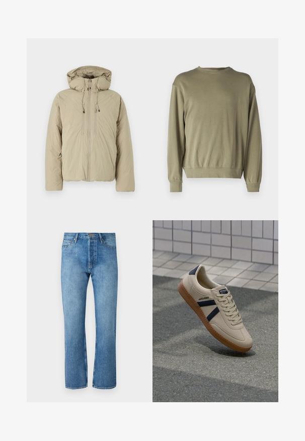 Beige pufferjakke med hætte, udstyret med en frontlynlås, elastiske snore og sidelommer. Konstrueret af letvægts, struktureret stof.; Oliven grøn, langærmet sweatshirt lavet af blødt bomuldsblanding. Har en rund halsudskæring og ribbede manchetter med en afslappet pasform.; Lyseblå denim jeans med lige ben, der har et klassisk fem-lomme design, knaplukning og kontrastsying.; Beige sneaker med struktureret overflade, marineblå striber og gummisål. Har en polstret tunge og traditionelt snørresystem for en sikker pasform.