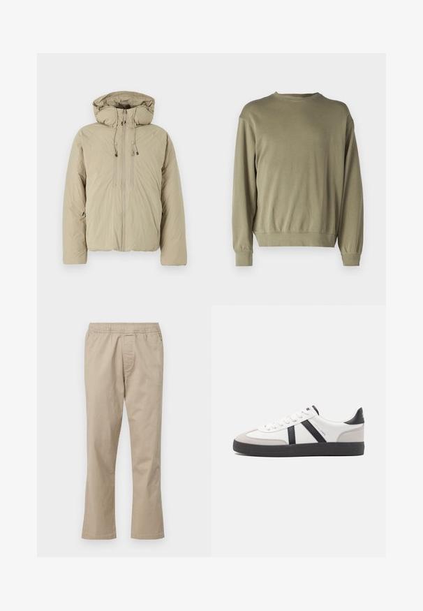 Beige Steppjacke mit Kapuze, ausgestattet mit einem Frontreißverschluss, elastischen Kordeln und Seitentaschen. Hergestellt aus leichtem, strukturiertem Stoff.; Olivgrüner Pullover mit langen Ärmeln aus einer weichen Baumwollmischung. Hat einen runden Halsausschnitt und gerippte Bündchen mit einer lockeren Passform.; Beige Baumwollhose mit elastischem Bund, geradem Bein und seitlichen Nahttaschen, mit glatter Textur und ohne Muster.; Weiße Sneaker mit schwarz- und grau-aczenten, ausgestattet mit einer strukturierten grauen Zehenkappe, schwarzer Gummi-Sohle und flachen weißen Schnürsenkeln. Sauberes Design, minimalistische Stil.